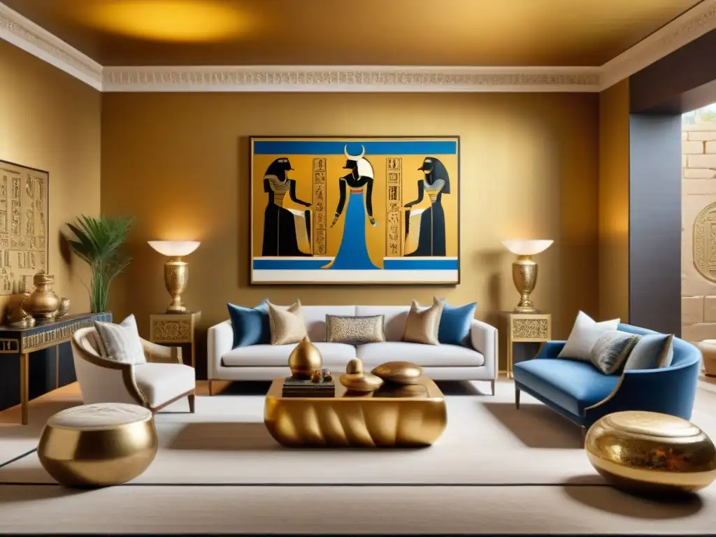 Un salón moderno de lujo con elementos de diseño interior inspirados en Egipto, arte faraónico para decoración moderna