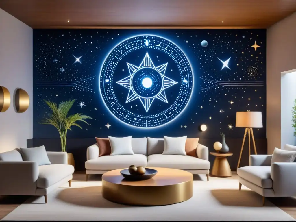 Salón moderno con mural de Astronomía antigua Sumeria, fusionando lo antiguo con lo contemporáneo