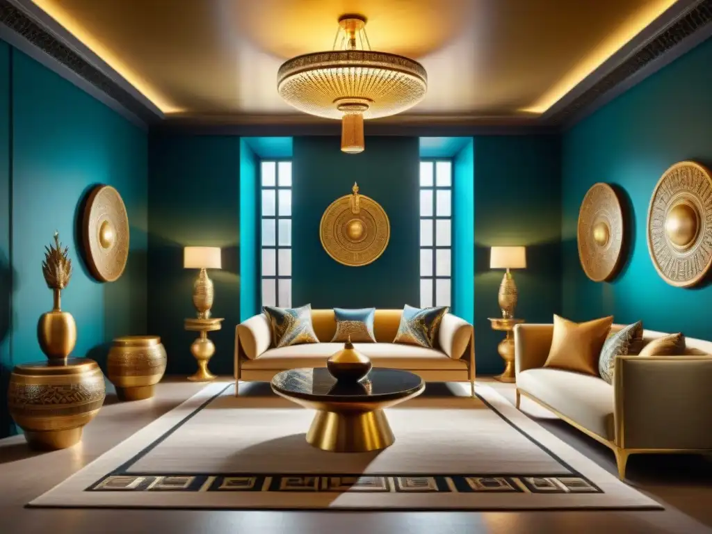 Salón moderno con paletas de colores inspiradas en Egipto: oro opulento, mobiliario de tonos joya, motivos jeroglíficos y candelabro brillante