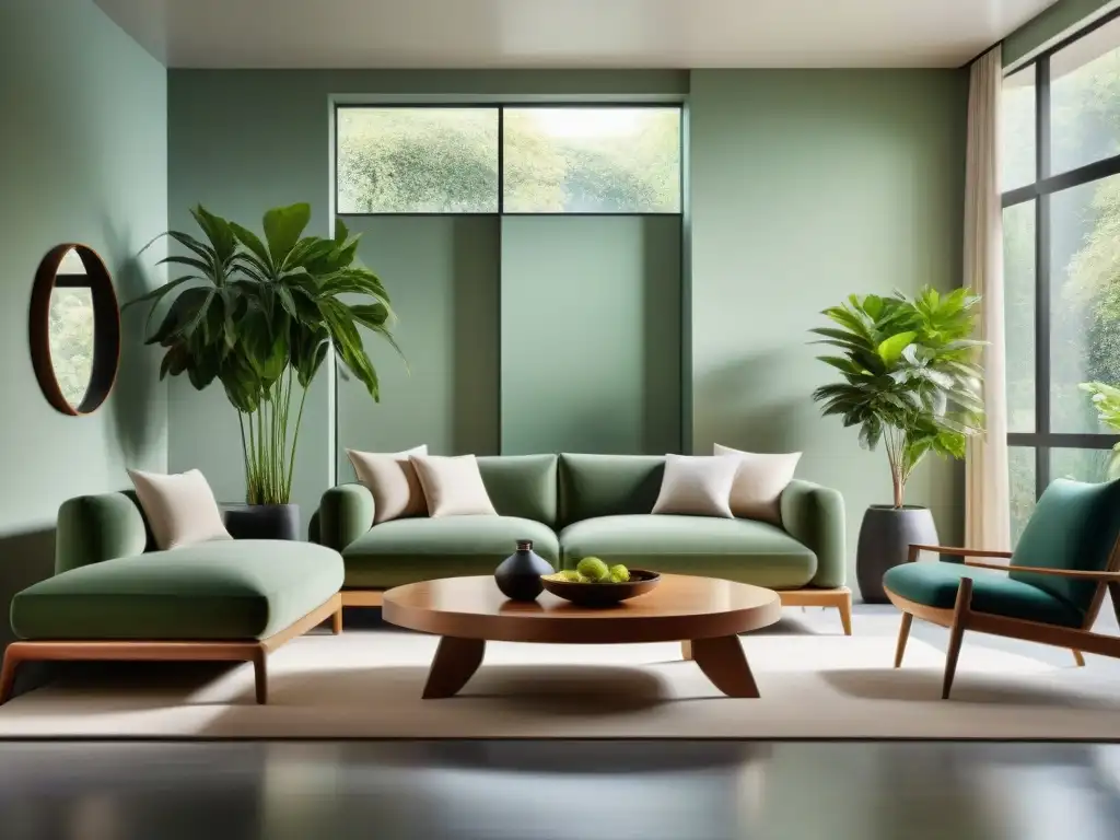 Un salón moderno con diseño Feng Shui, armonía entre lo tradicional y contemporáneo, reflejando equilibrio y serenidad