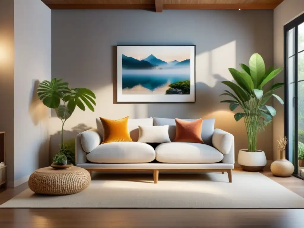 Salón Feng Shui: Armonía moderna en ambiente sereno Un salón sereno con armonía en el hogar con Feng Shui: sofá de tonos terrosos, arte equilibrado y plantas, fuente burbujeante y luz suave