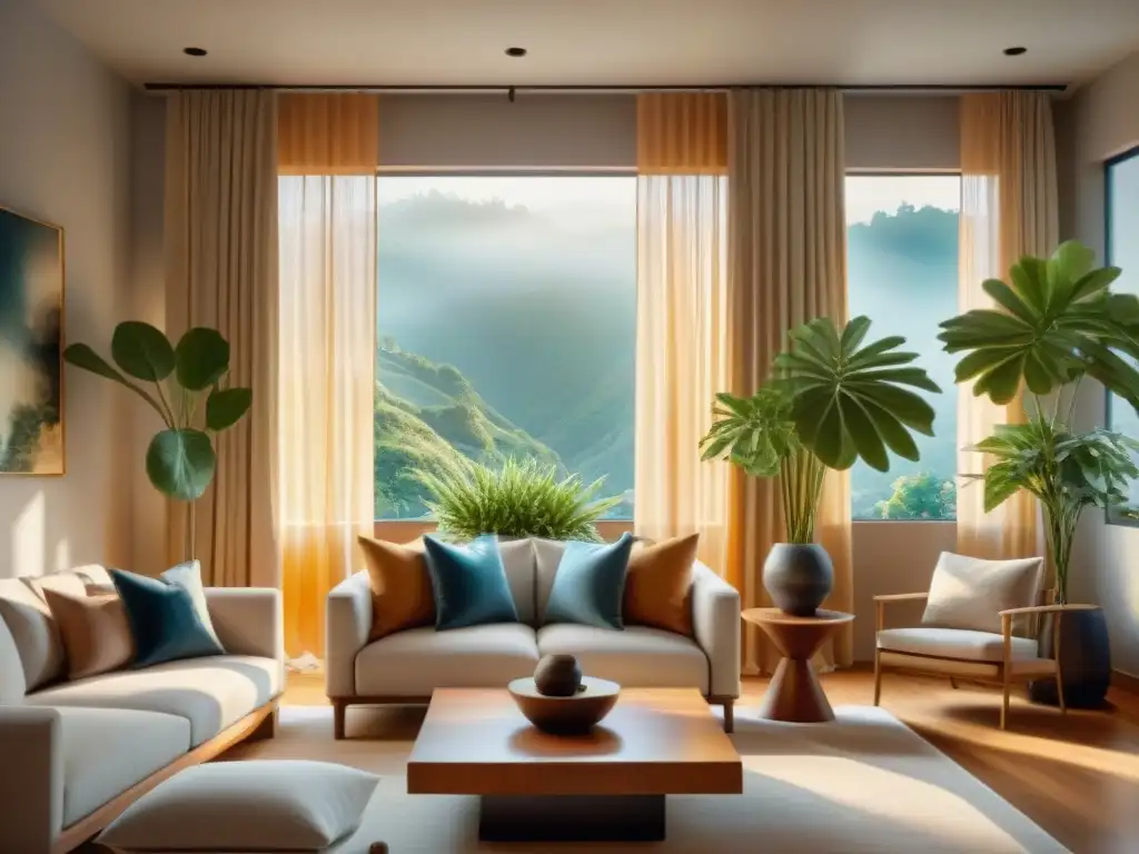 Salón Feng Shui: Armonía y Tranquilidad Un salón sereno con elementos de Feng Shui para armonía en el hogar, equilibrio de colores y energía positiva
