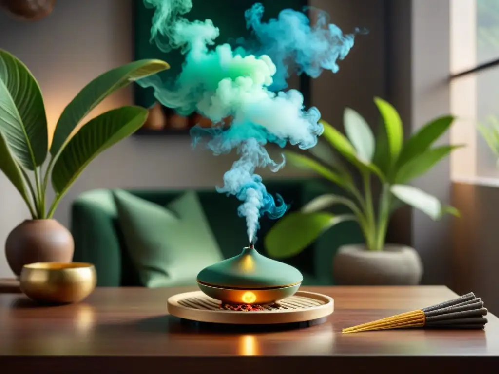 Salón sereno con incienso aromático, decorado en tonos cálidos y plantas verdes, integrando beneficios del incienso en casa