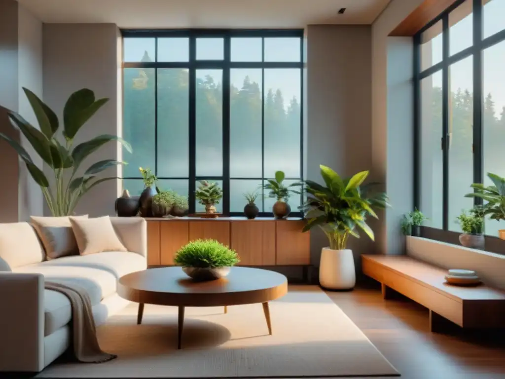 Un salón sereno con decoración minimalista y equilibrio Feng Shui vida moderna armonía