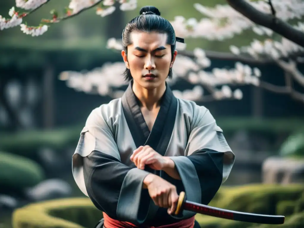 Práctica meditación Zen samurái en un jardín japonés tranquilo con cerezos en flor