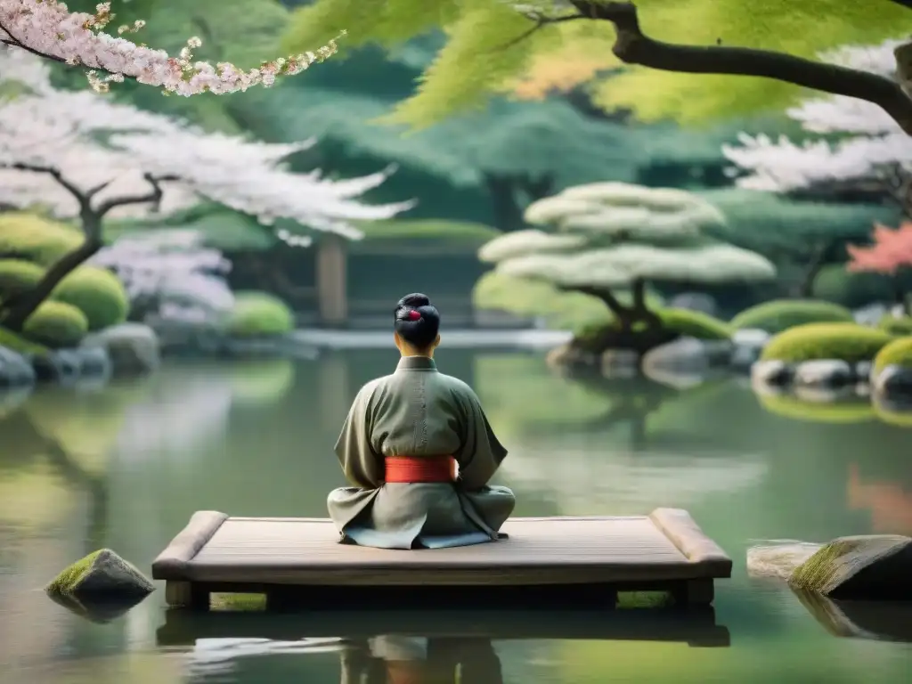 Un samurái practica meditación Zen en un jardín japonés tranquilo y sereno