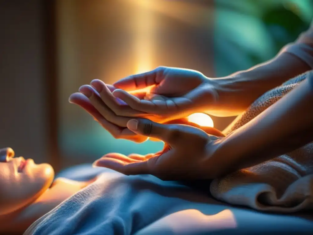 Sanación energética con Reiki: Manos reconfortantes emitiendo luz sobre la espalda de una persona en meditación