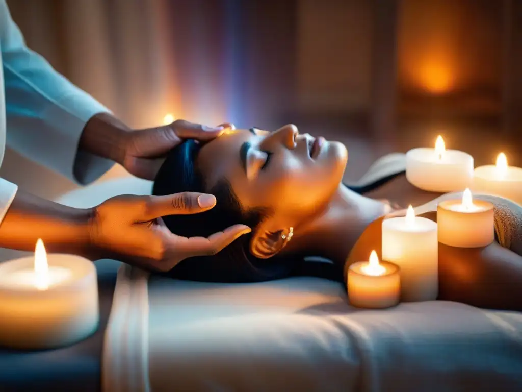 Sanación energética con Reiki: Un momento de paz y armonía entre un practicante y un paciente, rodeados de una suave luz cálida y cristales curativos