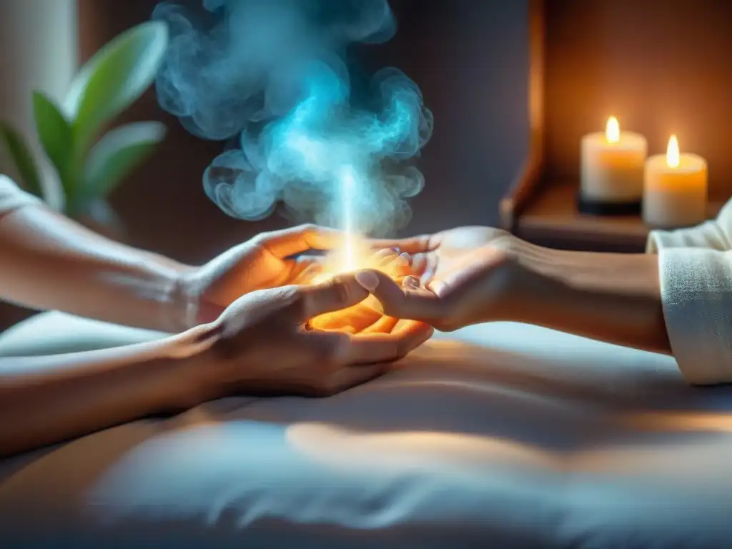 Sanación energética con Reiki: Un terapeuta coloca sus manos sobre un paciente sereno en una habitación de sanación tranquila y armoniosa