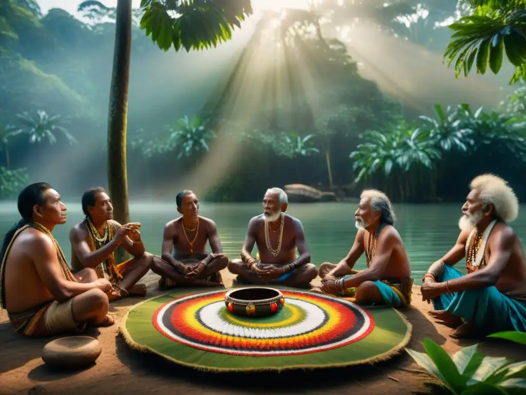 Sanación con mantras ancestrales: Sabios indígenas en círculo, tocando instrumentos en la selva amazónica, bajo la luz filtrada del dosel