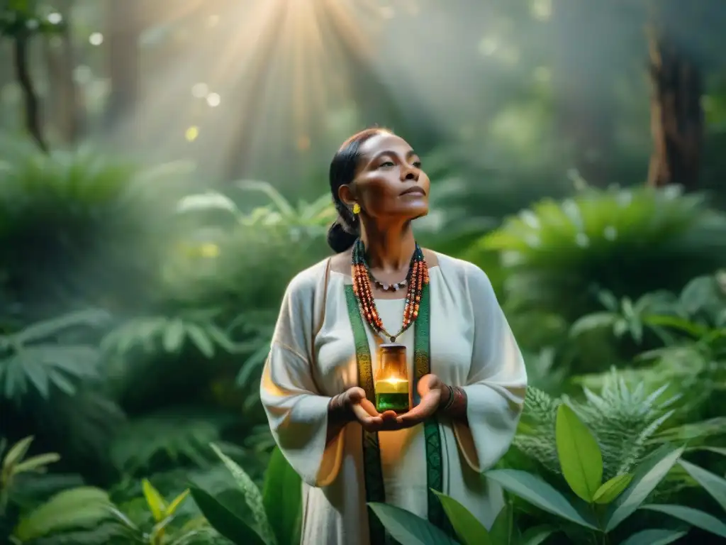 Un sanador indígena en el bosque con plantas, vial de aceite esencial y luz solar