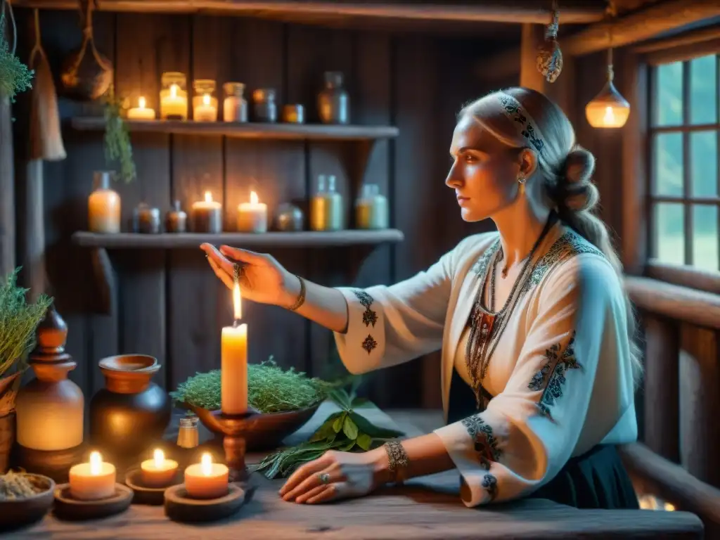 Hechizo de sanación eslava: Sabiduría ancestral y magia poderosa Una sanadora eslava en su cabaña iluminada por velas, rodeada de hierbas y herramientas, tratando a una joven