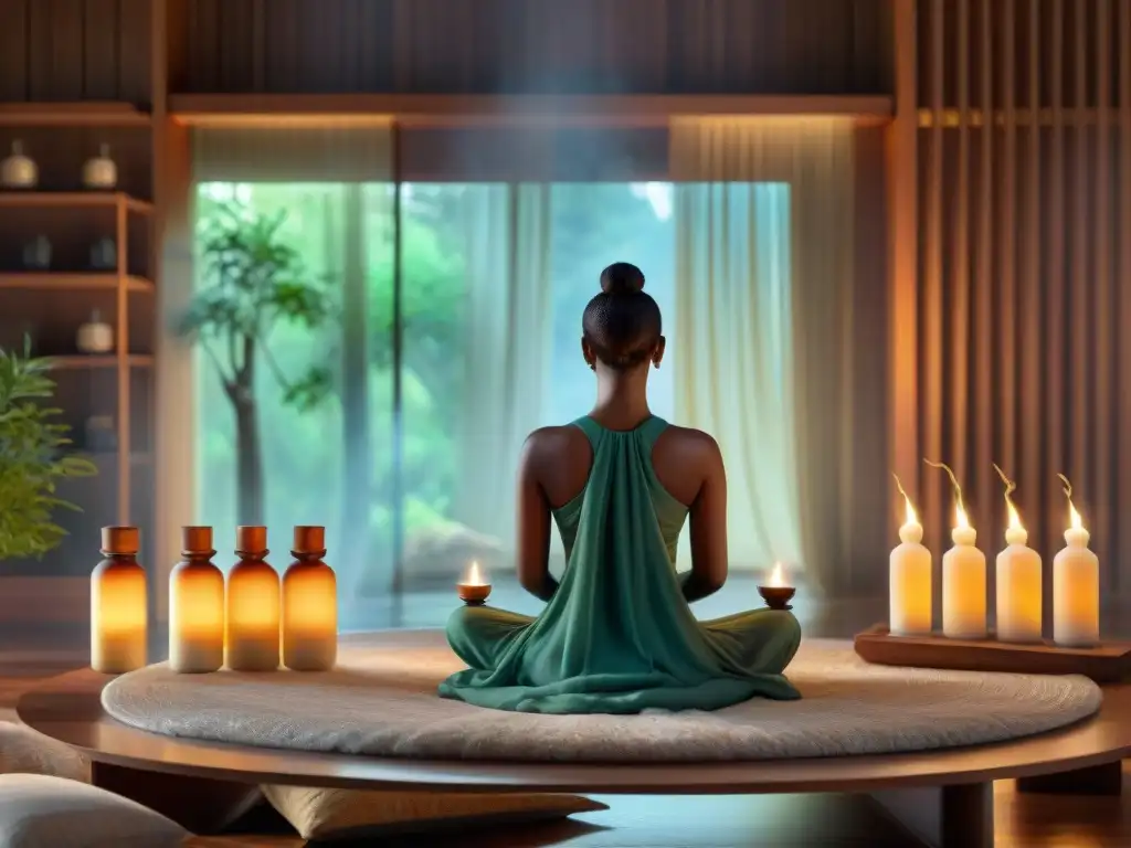 Un santuario de meditación con aceites esenciales para viaje espiritual en un ambiente sereno y sagrado