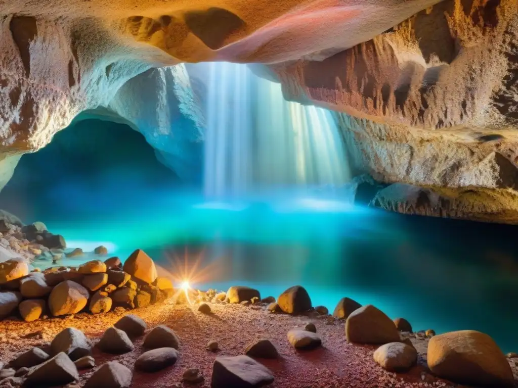 Un santuario de cristales en una cueva mística de montaña, con luz brillante filtrándose, creando un ambiente de paz y maravilla