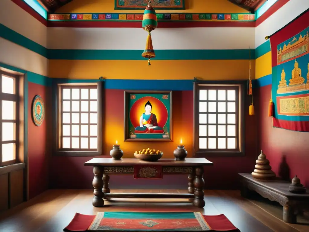 Un santuario tibetano sereno con tesoros budistas en decoración tibetana: altar de madera tallada y banderas de oración coloridas