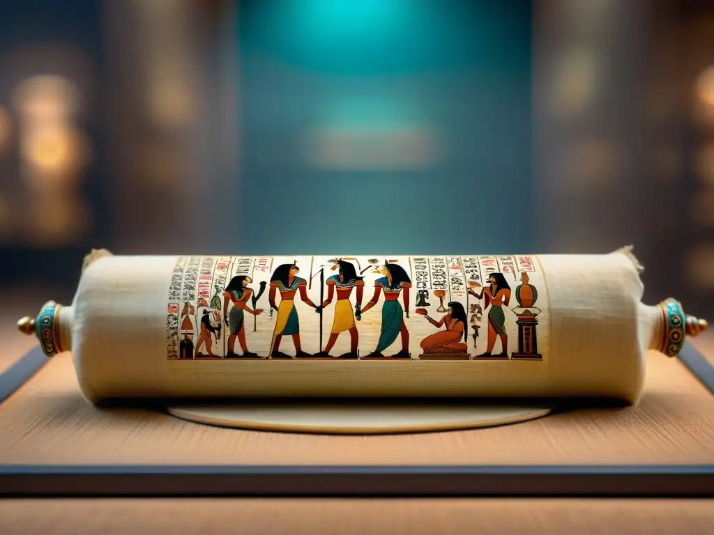 Scroll de papiro con textos funerarios del Antiguo Egipto, detallados jeroglíficos bajo luz tenue en museo