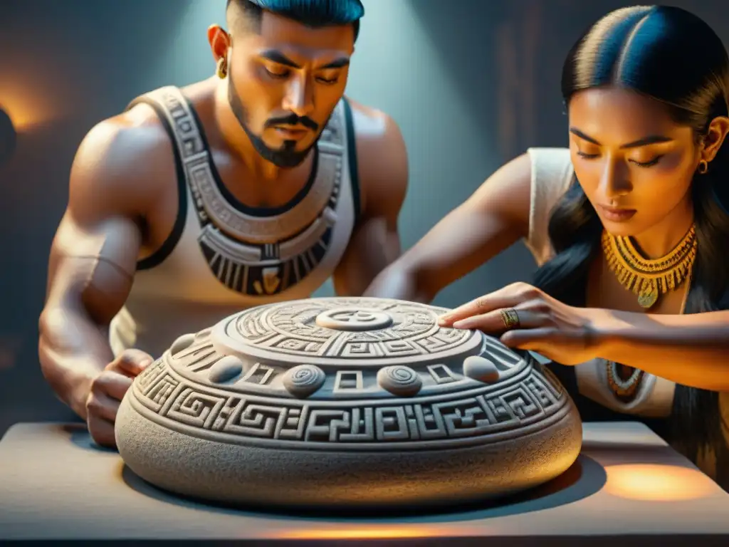 Sculptores modernos recrean Piedras Aztecas, fusionando pasado y presente con maestría en un estudio iluminado