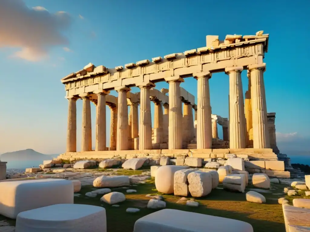 Los secretos de la Acrópolis de Atenas se revelan en la majestuosidad del templo del Partenón al atardecer, bañado en luz dorada