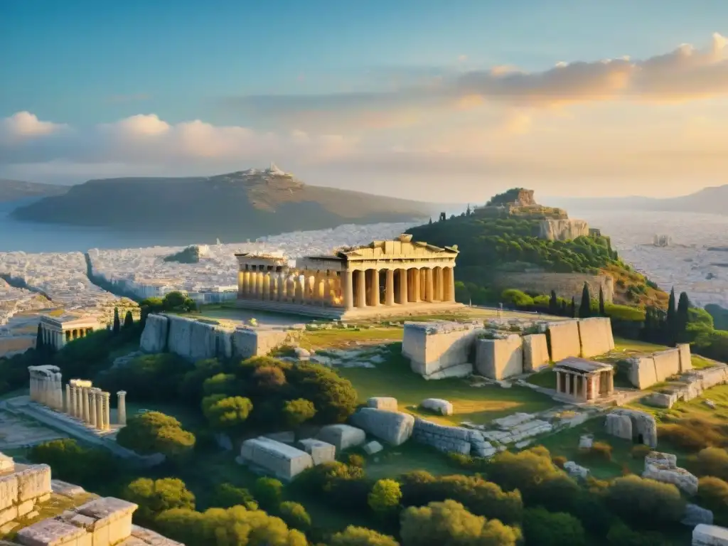 Explora los secretos de la Acrópolis de Atenas: el Parthenon bañado en luz dorada, ruinas antiguas y turistas curiosos