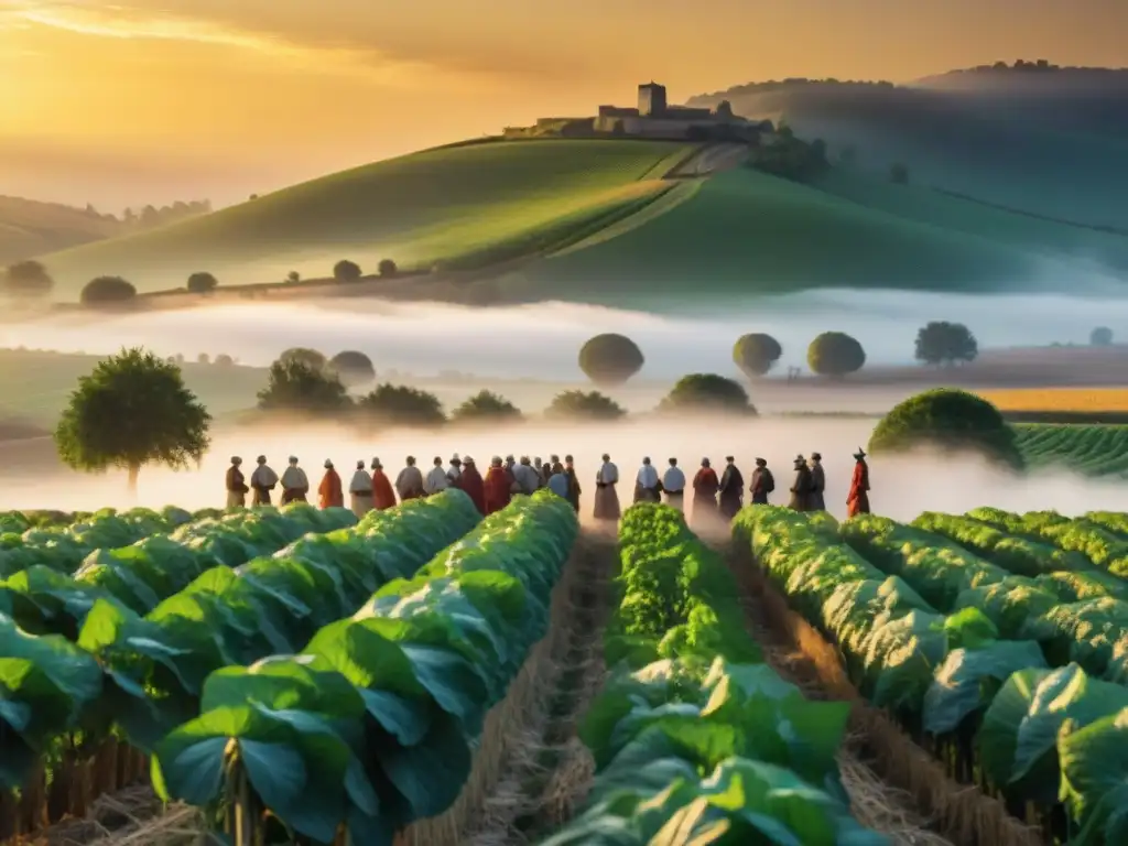 Secretos de la agricultura guiada por el cosmos: antiguos agricultores danzan entre campos frondosos al atardecer