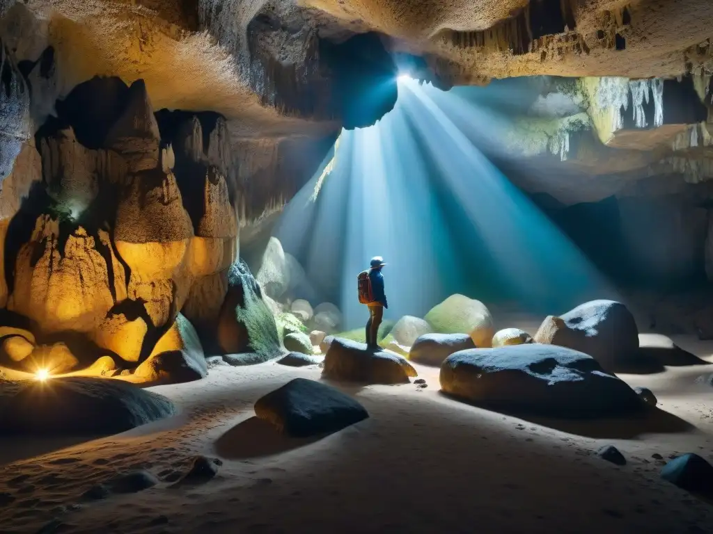 Explora los secretos de la Cueva Tayos Ecuador: intrincadas cavernas iluminadas por rayos de luz, revelando misteriosas formaciones rocosas