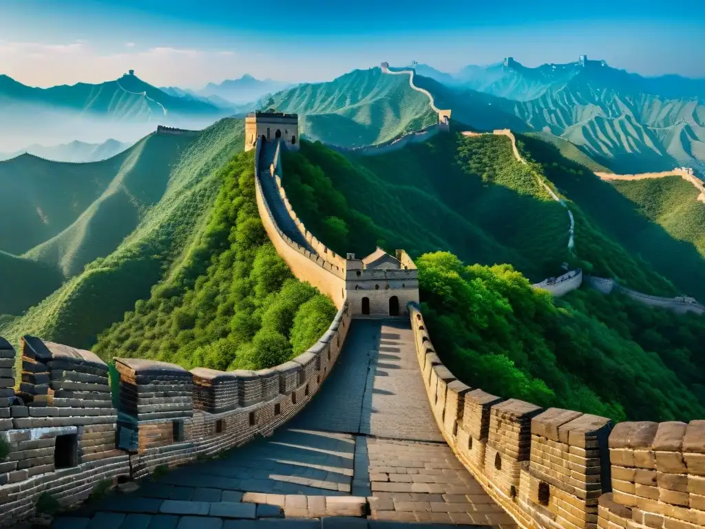 Descubre los secretos de la Gran Muralla China en su impresionante extensión montañosa bajo un cielo azul despejado