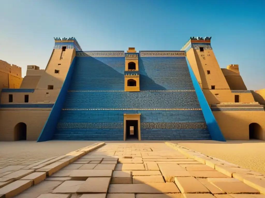 Descubre los secretos de Babilonia: Detalle de la majestuosa Puerta de Ishtar en la antigua ciudad, con dragones y toros en azul vibrante