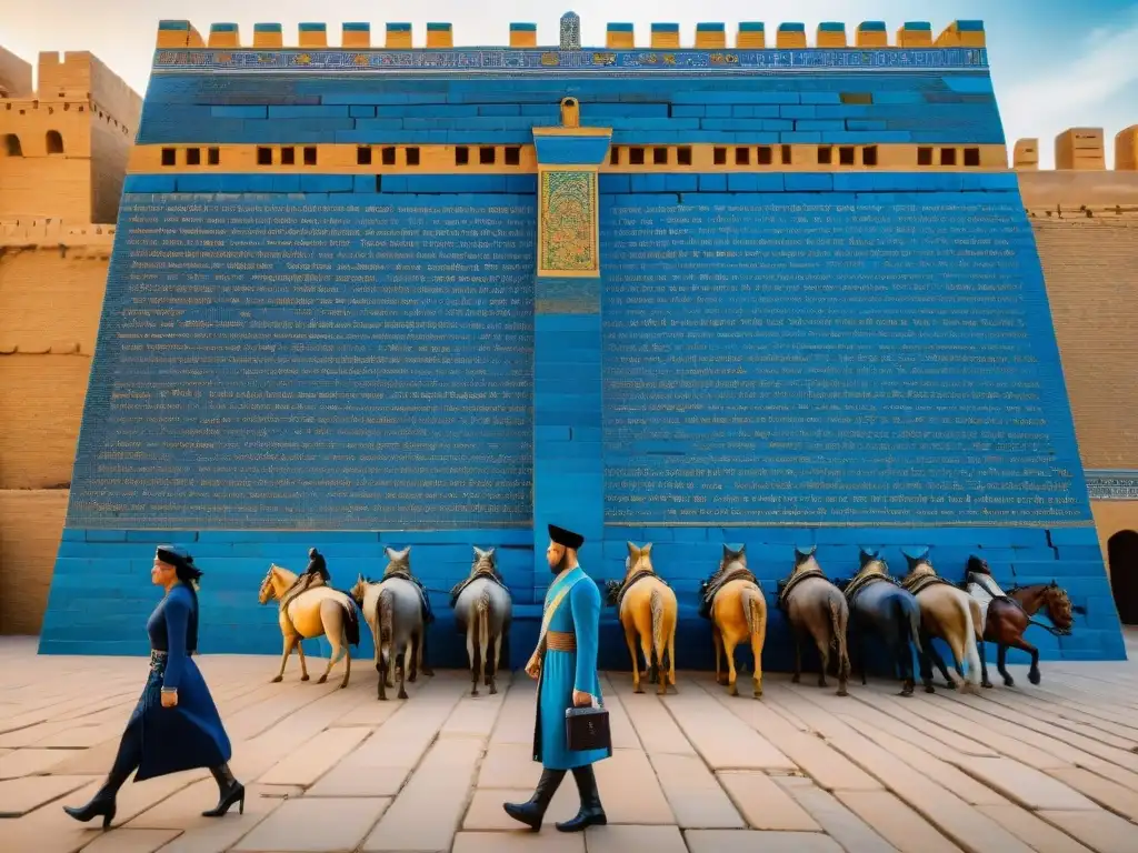 Descubre los secretos de Babilonia: la majestuosa Puerta de Ishtar con sus ladrillos azules y figuras de dragones, toros y leones