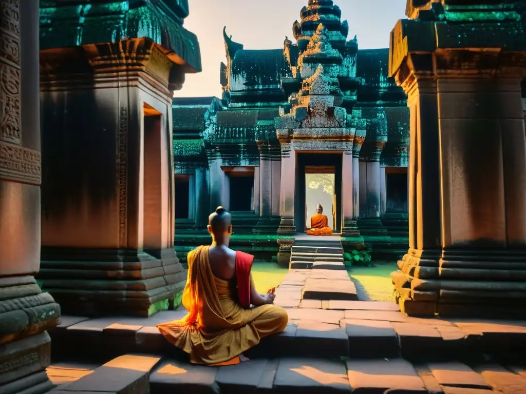 Explora los secretos templos Angkor Wat al amanecer, con monjes meditando entre intrincadas esculturas de piedra