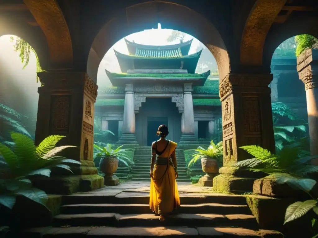 Explora la selva densa y exuberante con rayos de sol dorados iluminando un templo precolombino oculto entre la vegetación