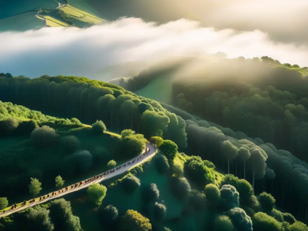 Un sendero mágico en el Camino de Santiago, donde peregrinos diversos caminan en silencio entre bosques verdes