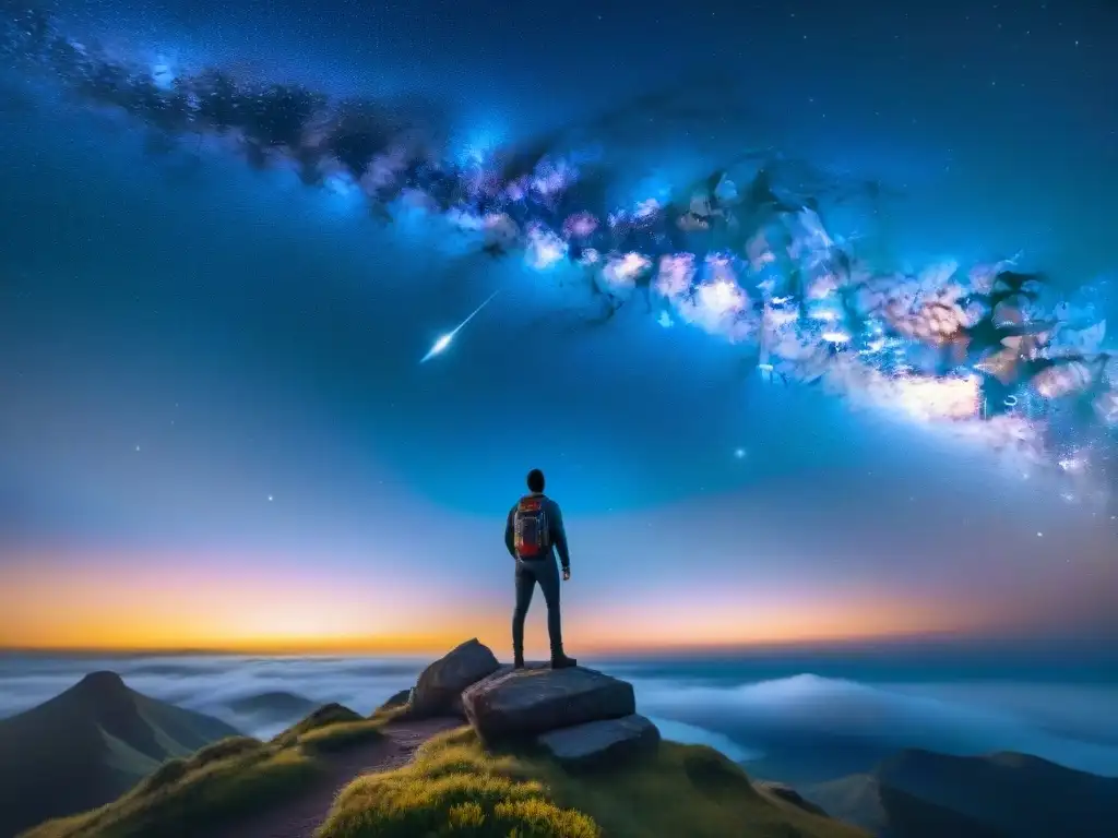 Persona contemplando la inmensidad estelar en acantilado Un ser humano contempla la inmensidad estrellada del universo, conectando con mensajes de sincronicidad y destino