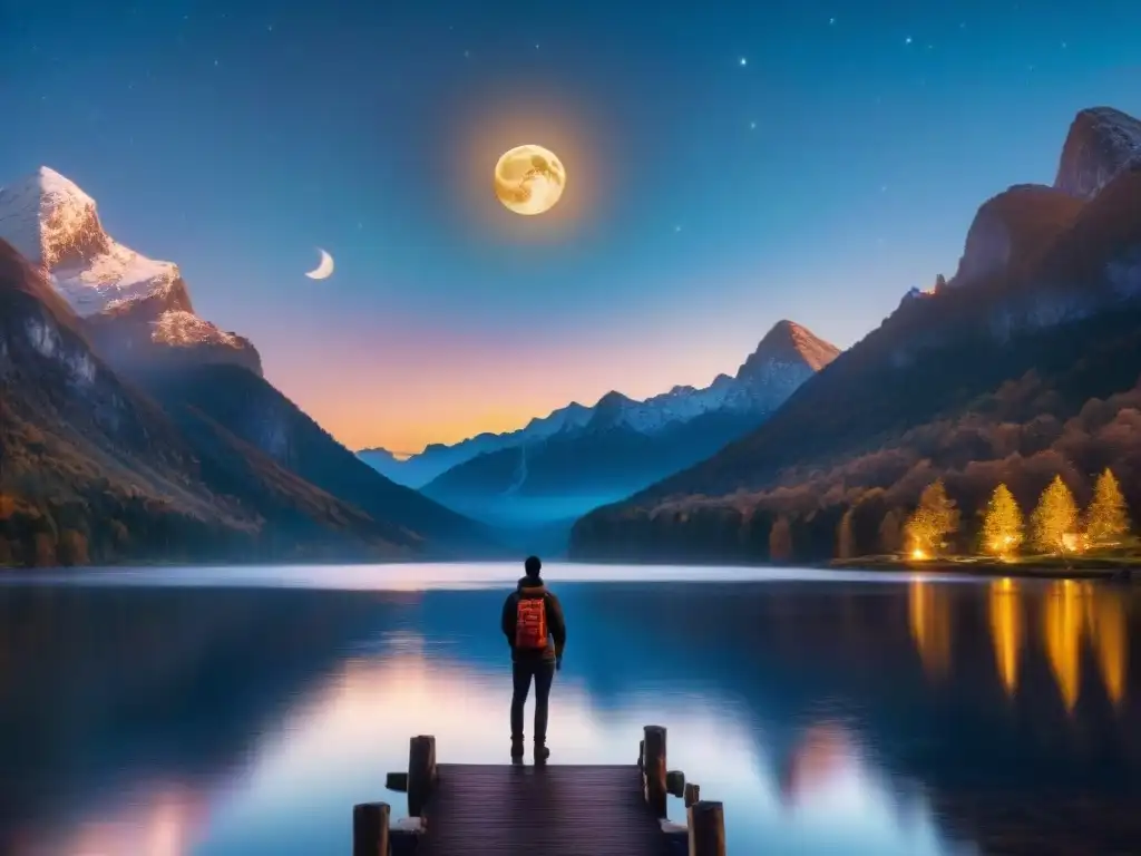 Noche estrellada: Luna llena sobre lago sereno Un ser humano contempla el universo estrellado reflejado en un lago, conectando con los mensajes del destino y la vida