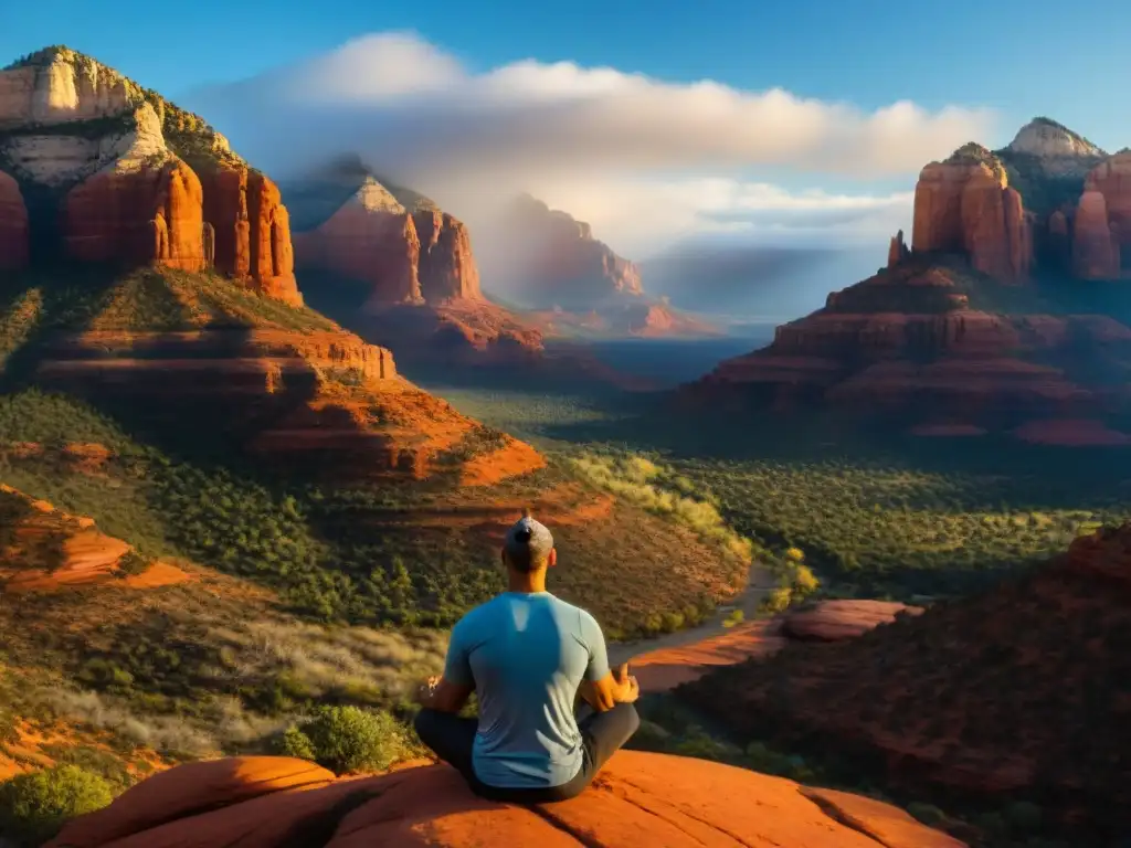 Un ser medita en la majestuosa formación rocosa de Sedona, Arizona, bajo una iluminación cálida y energética de los vórtices