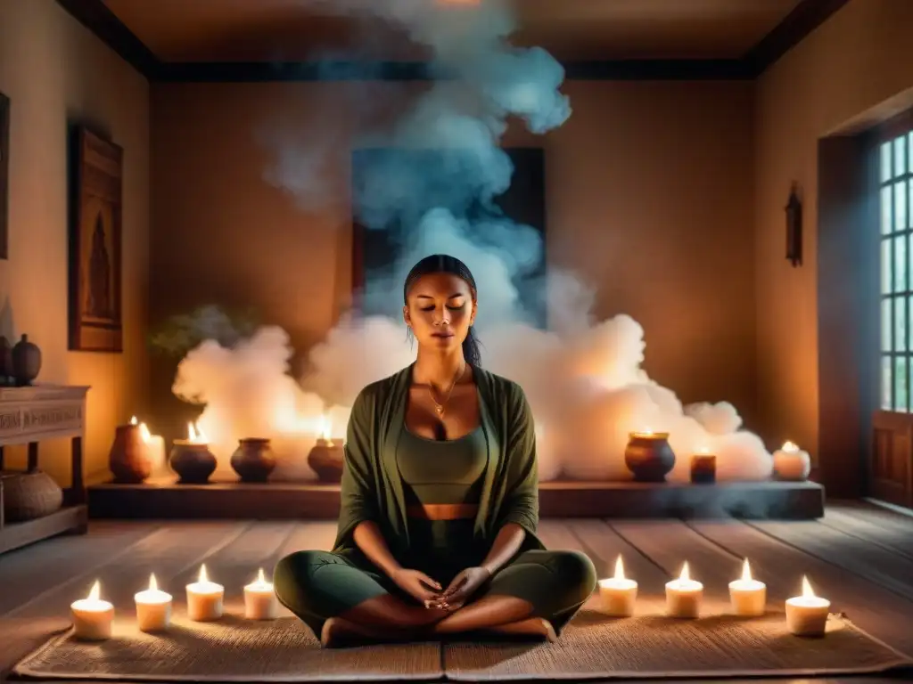 Un ser en meditación rodeado de velas y figuras místicas en un ambiente misterioso