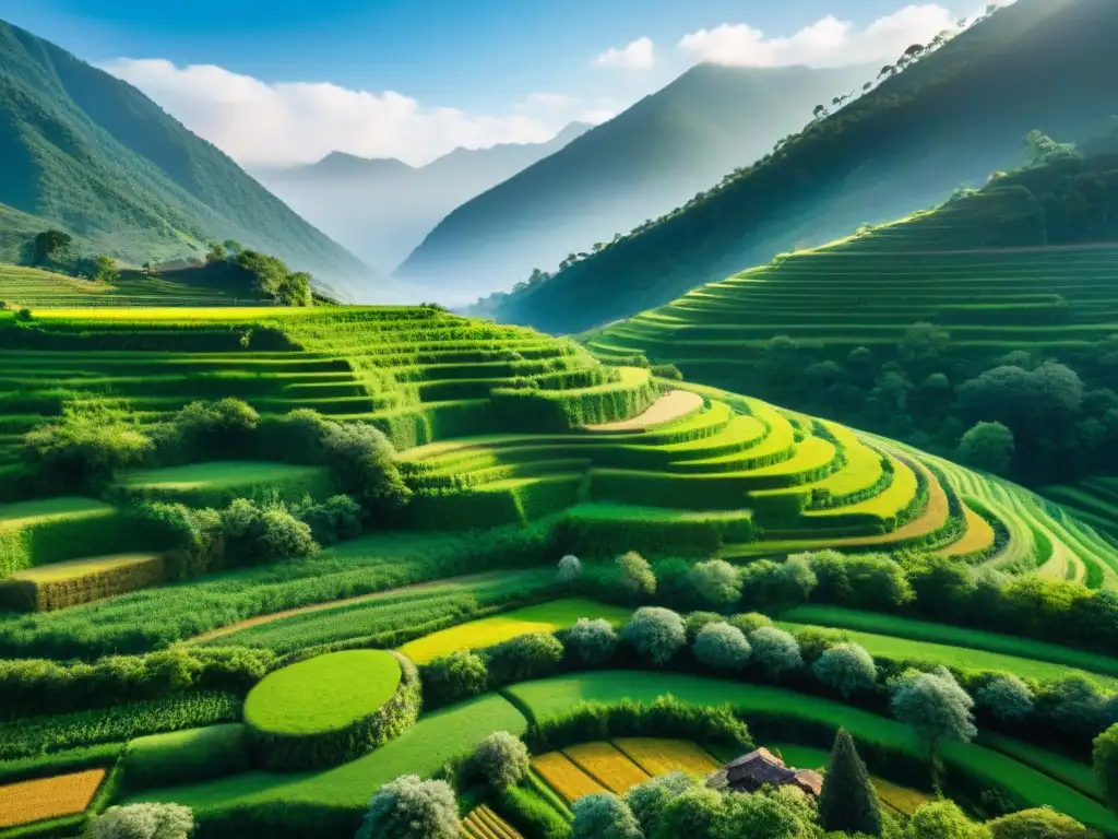Paisaje verde: tradición agrícola en armonía Una serena y exuberante vista de un sistema agrícola tradicional en una remota región montañosa