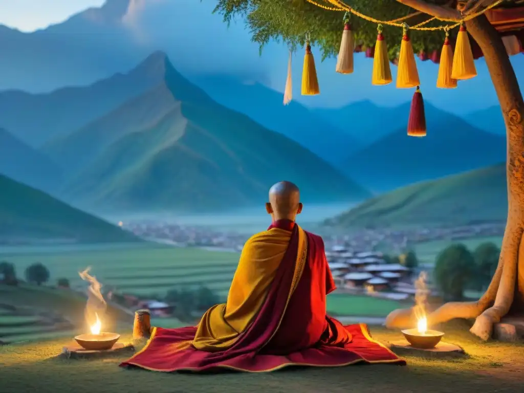 Serena meditación tibetana al atardecer con montañas nevadas y enseñanzas del libro tibetano de la muerte