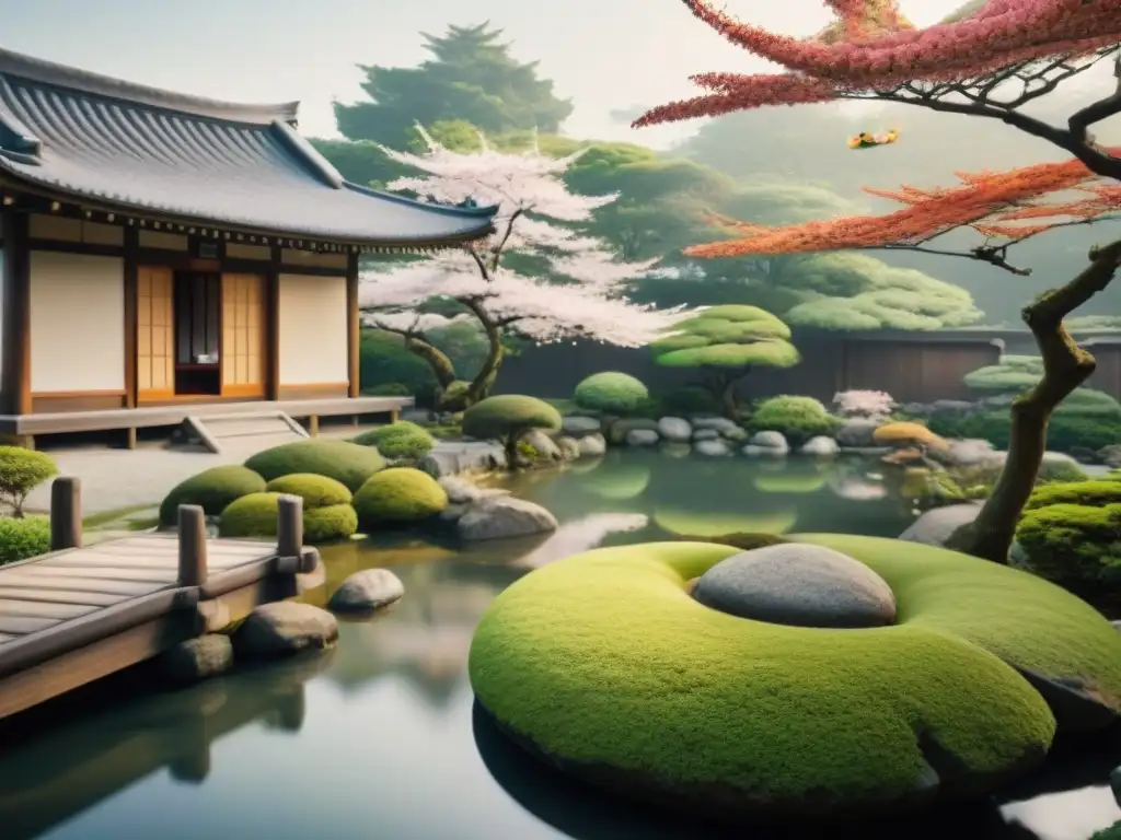 Sereno jardín japonés antiguo con meditación en el centro, rodeado de naturaleza vibrante y tranquilo estanque