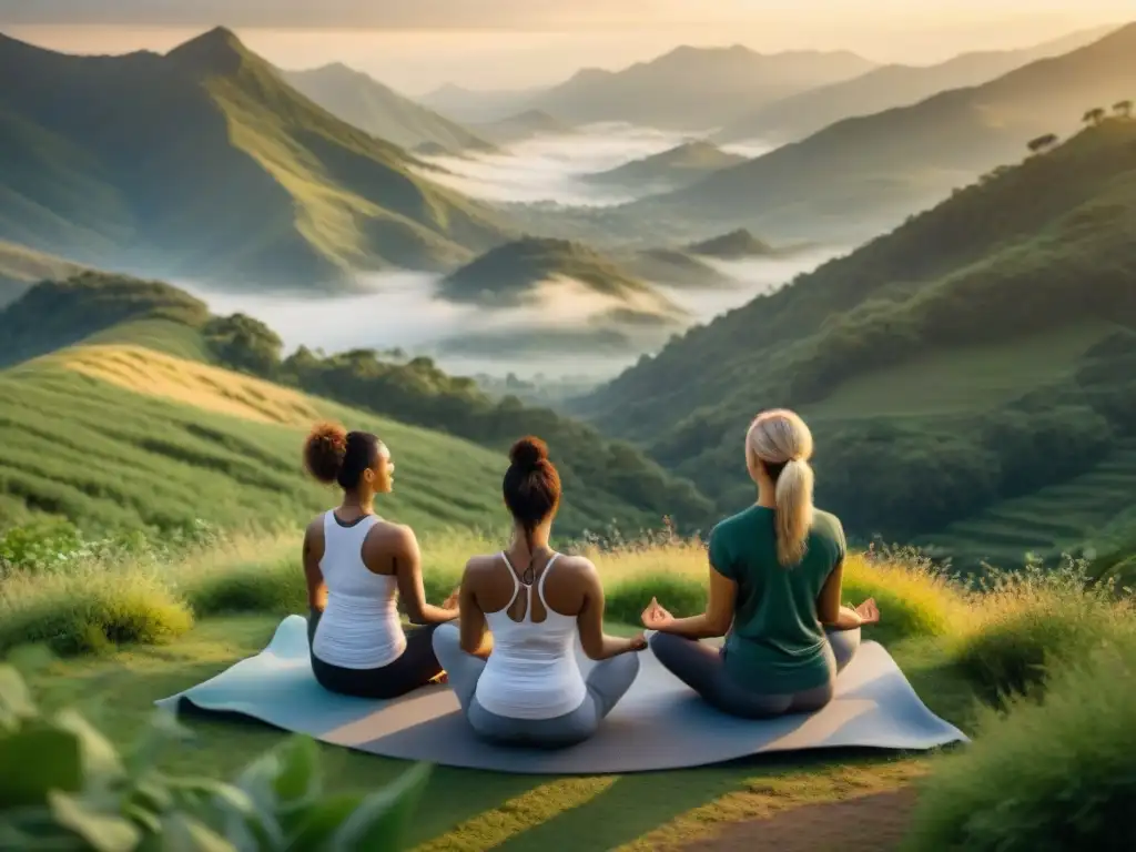 Una sesión de yoga al amanecer en la cima de una montaña verde, transmitiendo armonía y sabiduría atemporal