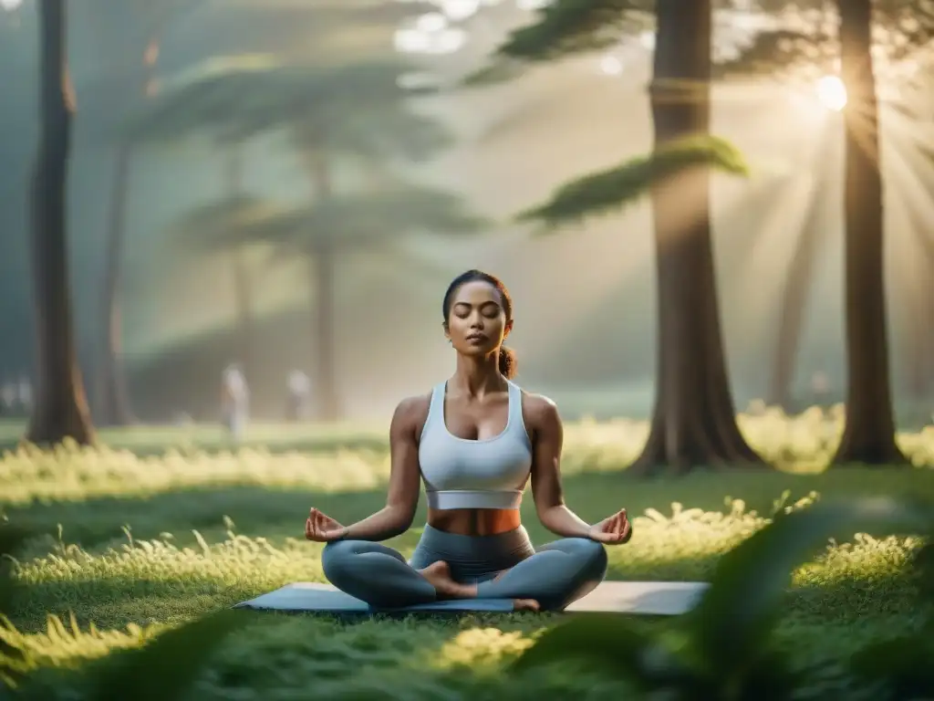 Una sesión de yoga al amanecer en un prado verde con practicantes en poses zen