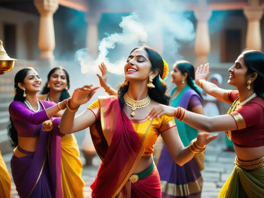 Significado y celebración de Janmashtami: Devotos bailando con alegría en un templo hindú, iluminados por lámparas de aceite