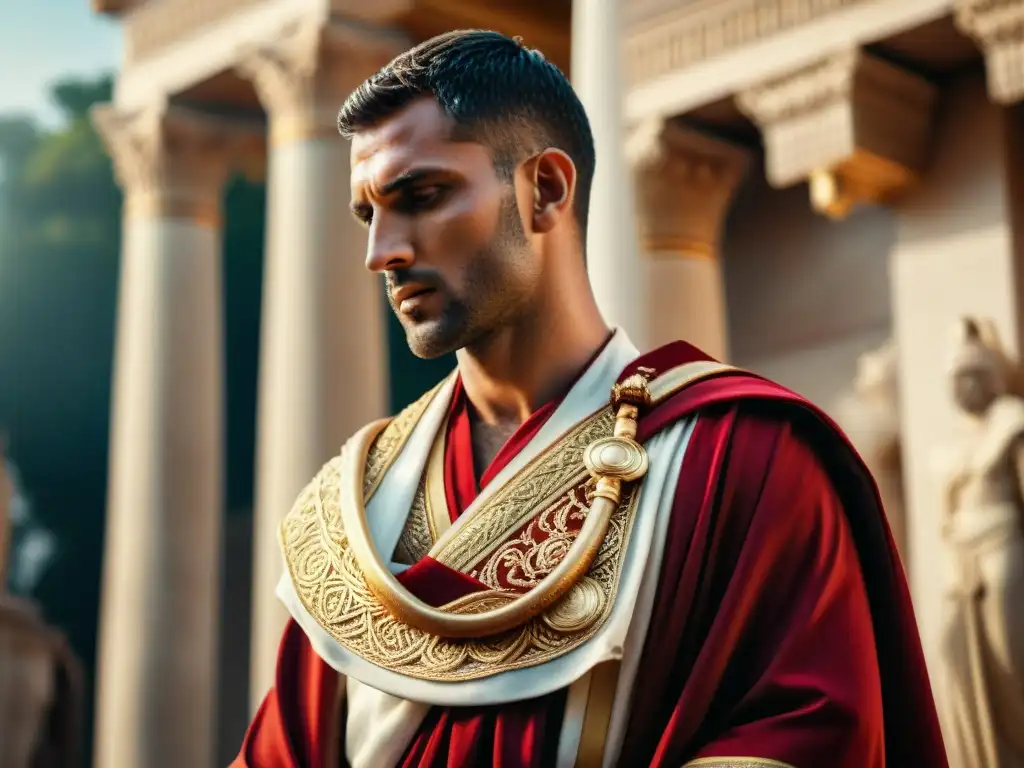 Significado oculto en las vestimentas de los sacerdotes romanos: Toga ceremonial en rojo y dorado sobre estatua de mármol