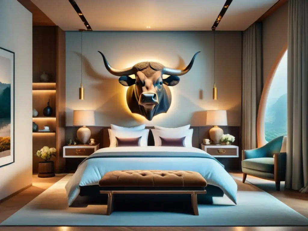 Decoración según signo zodiacal: lujoso dormitorio taurino con escultura de toro como punto focal, iluminación cálida y texturas ricas