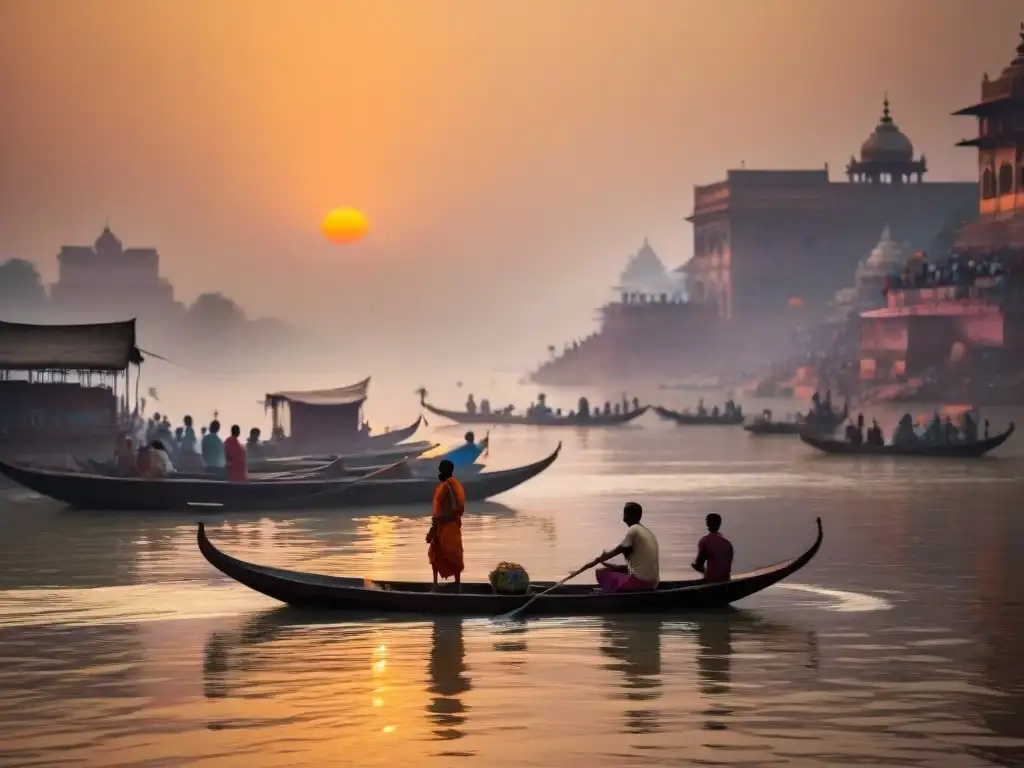 Silueta de bote y remero en el río Ganges al amanecer, reflejando tonos rosados y naranjas