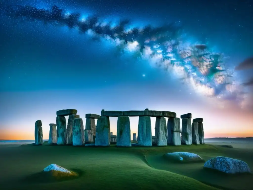 Silueta de Stonehenge bajo un cielo estrellado con la Vía Láctea y peregrinaciones a sitios astronómicos antiguos