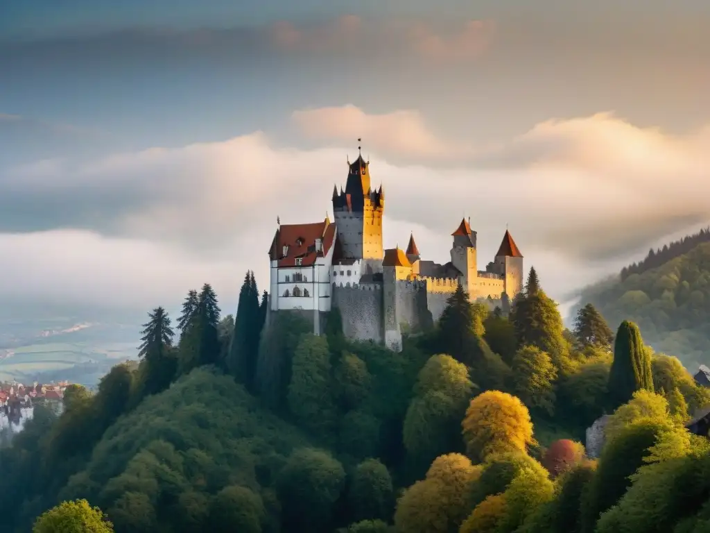 Silueta imponente del Castillo de Bran al atardecer, resaltando la leyenda de Drácula