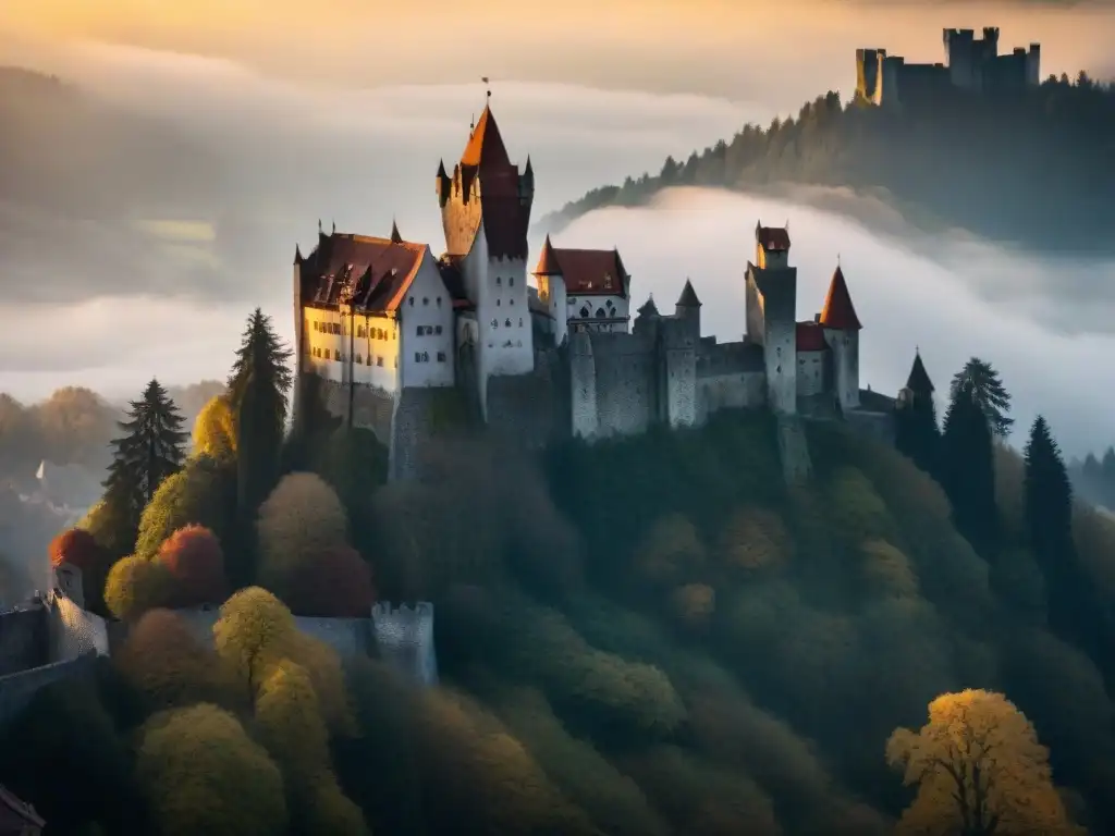 Silueta majestuosa del Castillo de Bran iluminado por el sol poniente, con un lobo en la entrada evocando la leyenda de Drácula