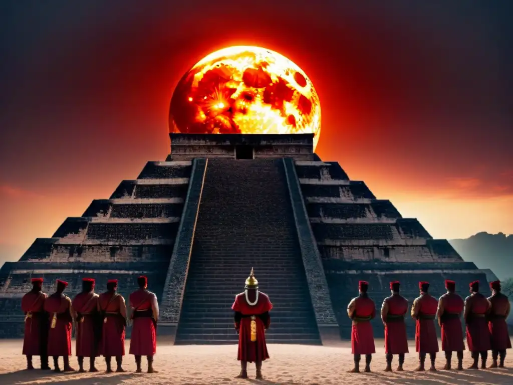 Silueta de pirámide mesoamericana en eclipse rojo sangre, ceremonia religiosa y estrellas
