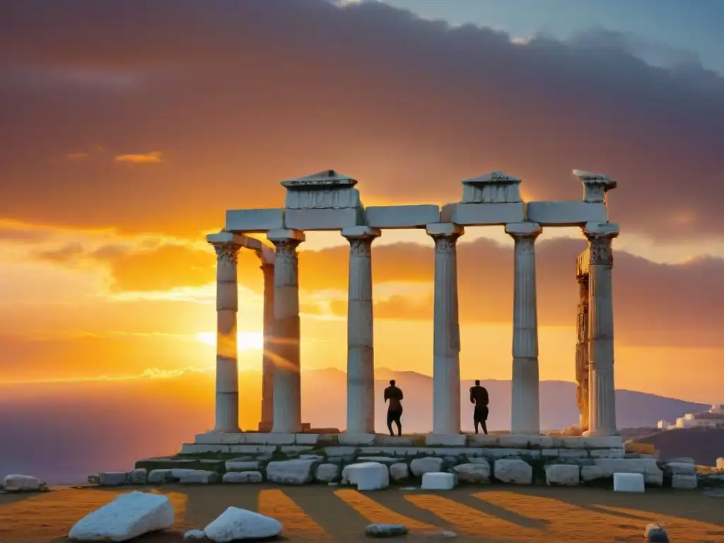 Silueta de ruinas griegas al atardecer, simbolizando el significado del poema Parménides sobre el ser