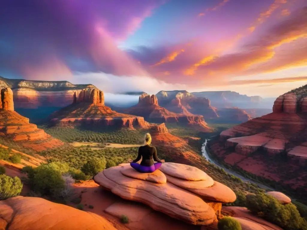 Silueta practicando yoga en vórtices energéticos Sedona Arizona al atardecer